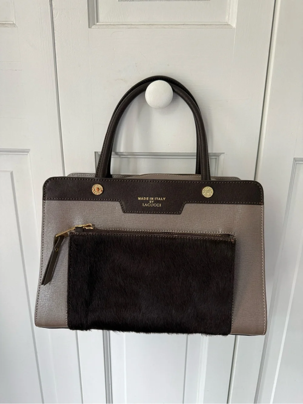 Stylish Taupe and Dark Brown Italian-Made Leather Iacucci Bag with Fur Pocket